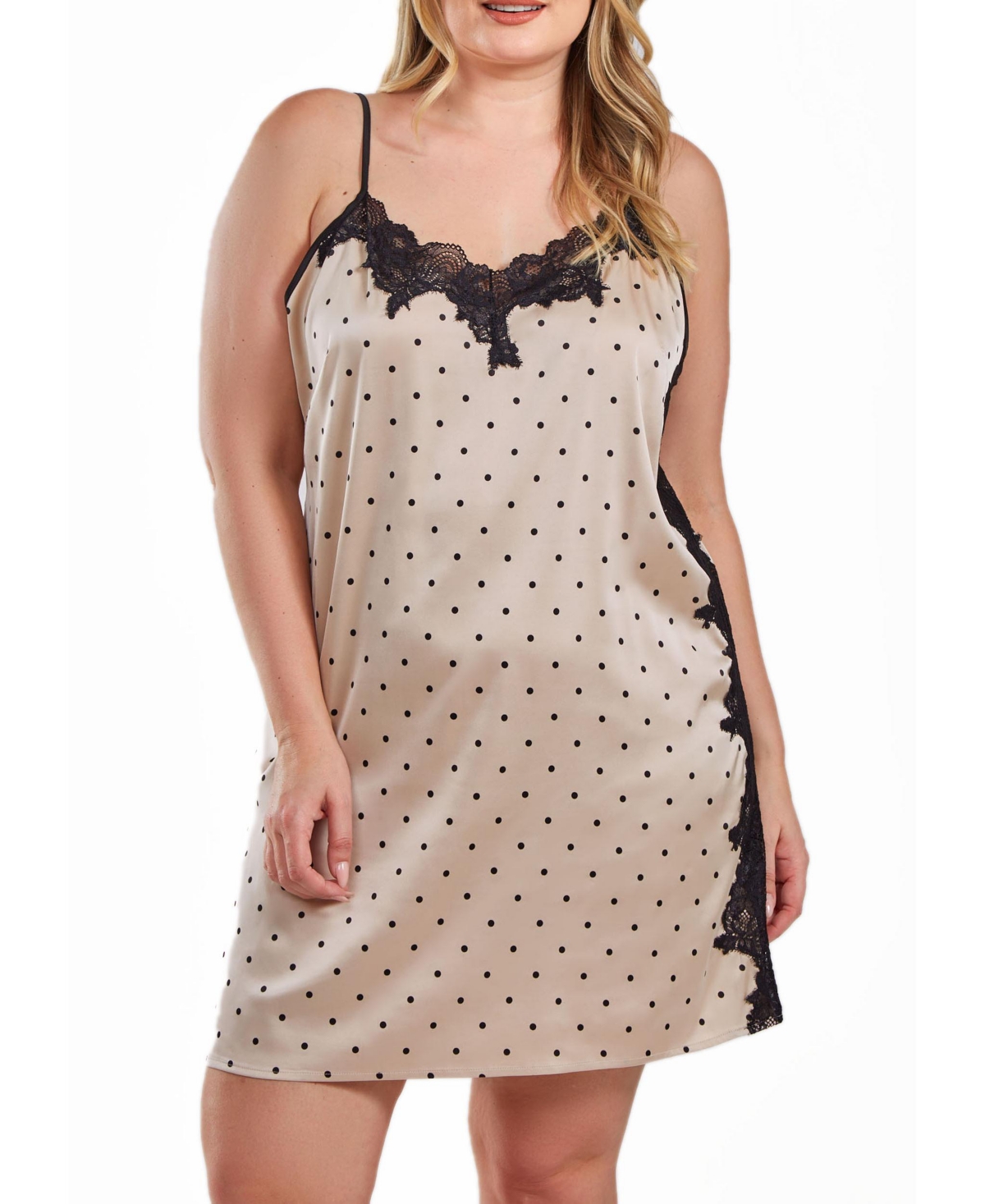 Shop Icollection Kareen Dotted Plus Size Satin Chemise Adorned In Front And Side Lace In Beige
