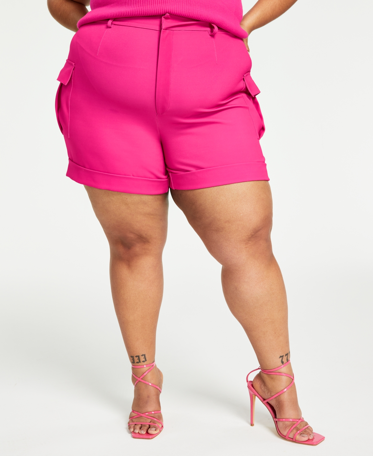 Nina Parker Trendy Plus Size High Rise Cargo Utility Shorts In Pink Yarrow
