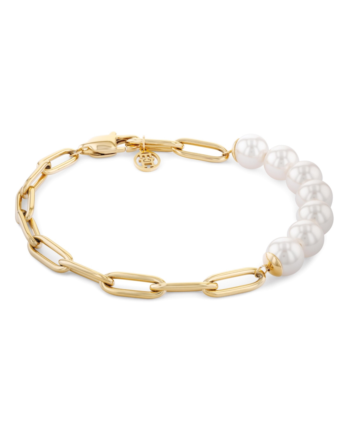 Tommy Hilfiger Imitation Pearl And Paperclip Chain Bracelet In Gold