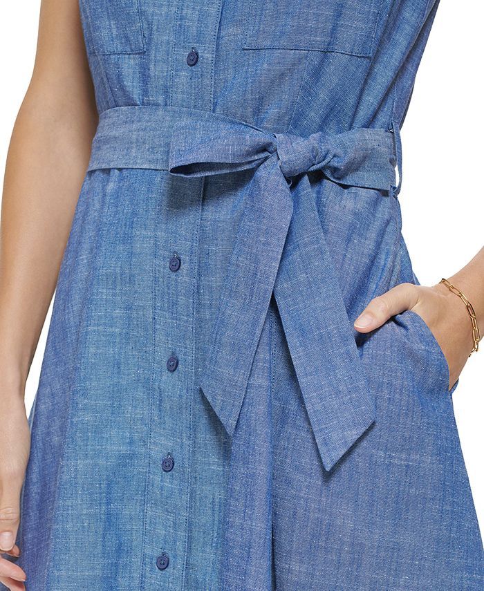 V NECK FRONT TIE PINTUCK DETAIL CHAMBRAY TOP