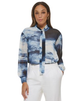 Calvin Klein - Women's Cloud-Print Tie-Neck Blouse