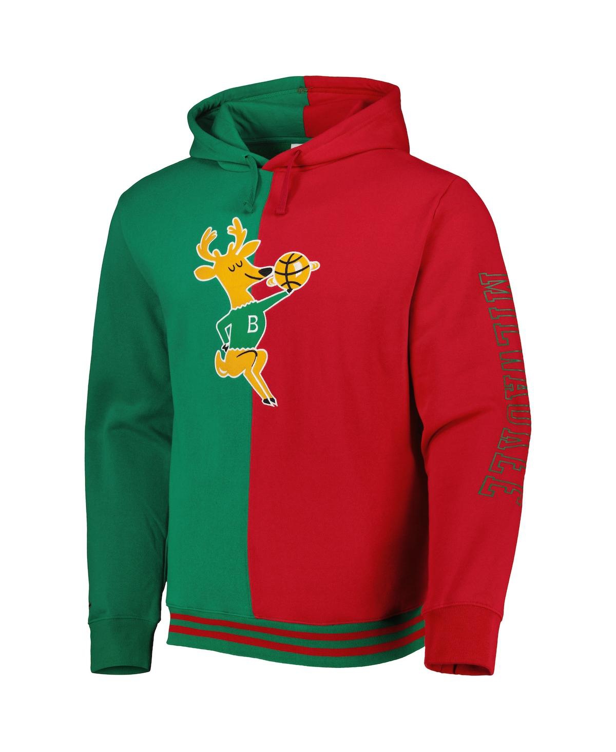 Mitchell & Ness Men's  Green, Red Milwaukee Bucks Hardwood Classics Split Pullover Hoodie In Green,red