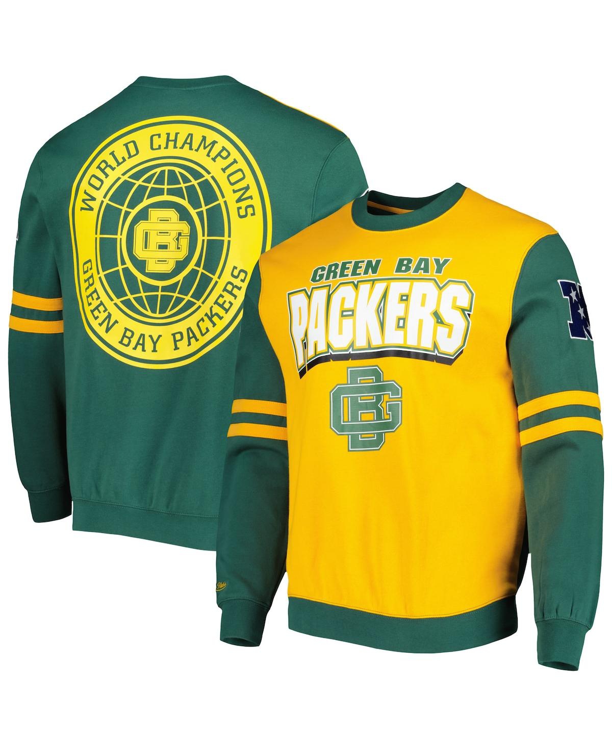 Shop Mitchell & Ness Men's  Gold Green Bay Packers All Over 2.0 Pullover Sweatshirt