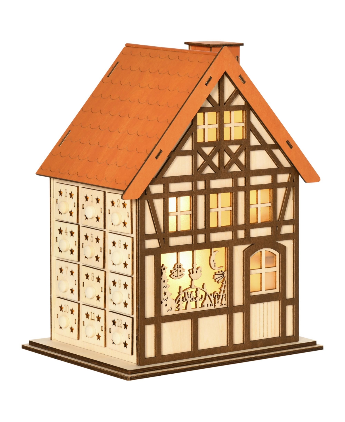 Wooden Christmas Advent Calendar House with 24 Drawers and Lights - Natural