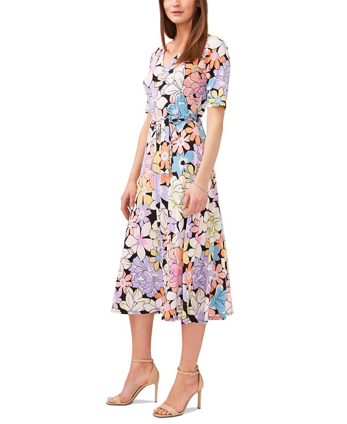 MSK Petite Floral-Print Belted Short-Sleeve Midi Dress - Macy's