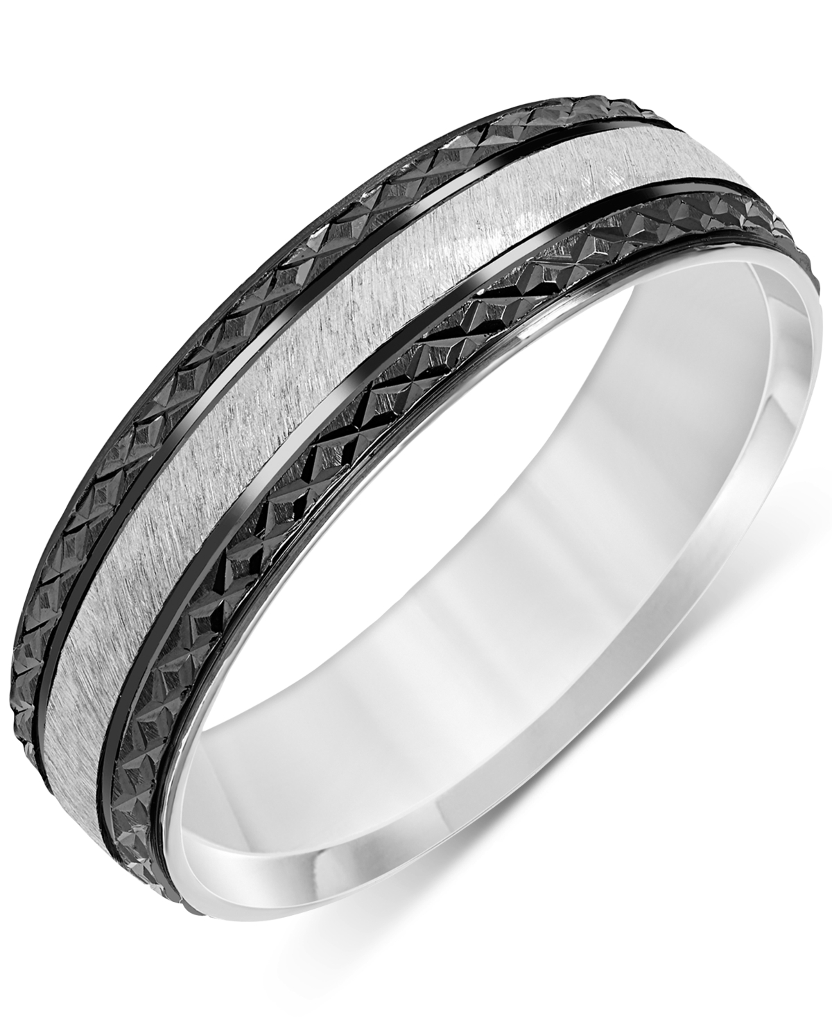 Macy's Men's Carved Two-tone Wedding Band In Sterling Silver & Black Rhodium-plate