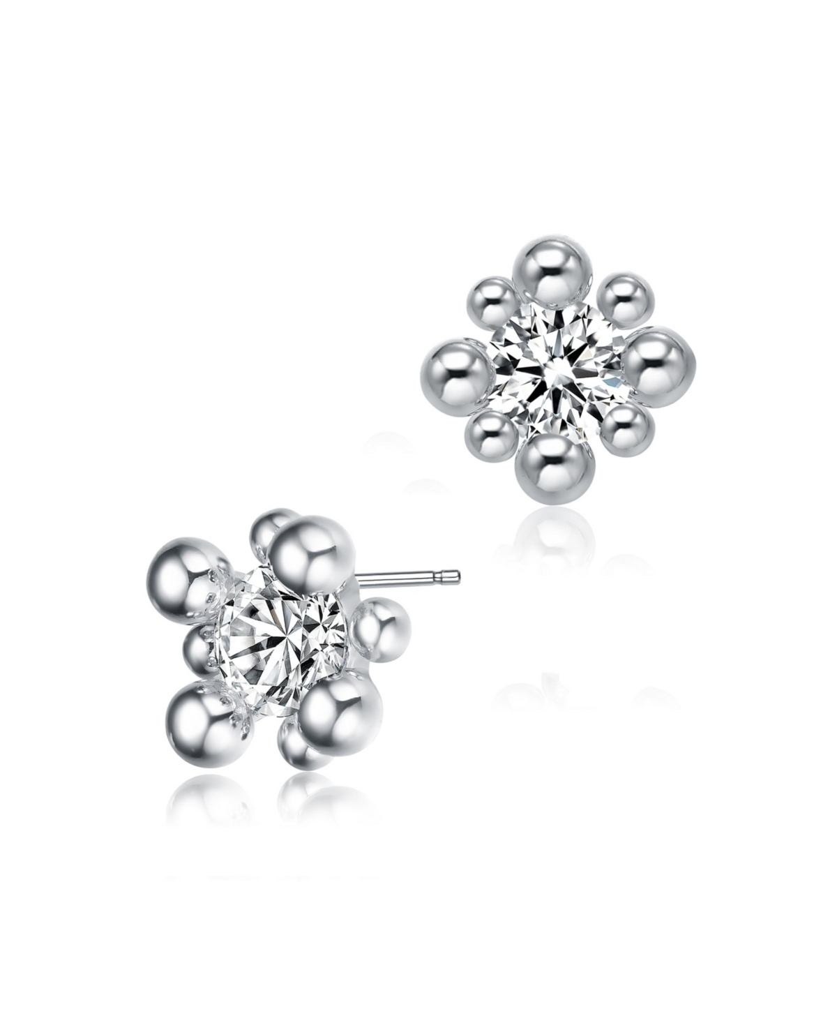 Gv Sterling Silver White Gold Balls with Clear Round Cubic Zirconia Stud Earrings - Silver