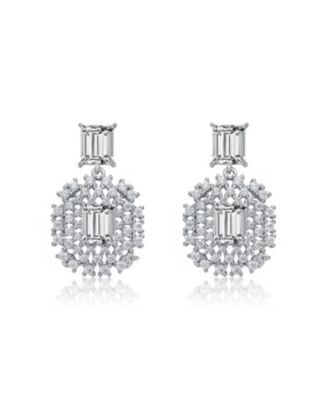 GV Sterling Silver White Gold Plated Clear Green with Round Cubic Zirconia Lace Cluster Drop Earrings