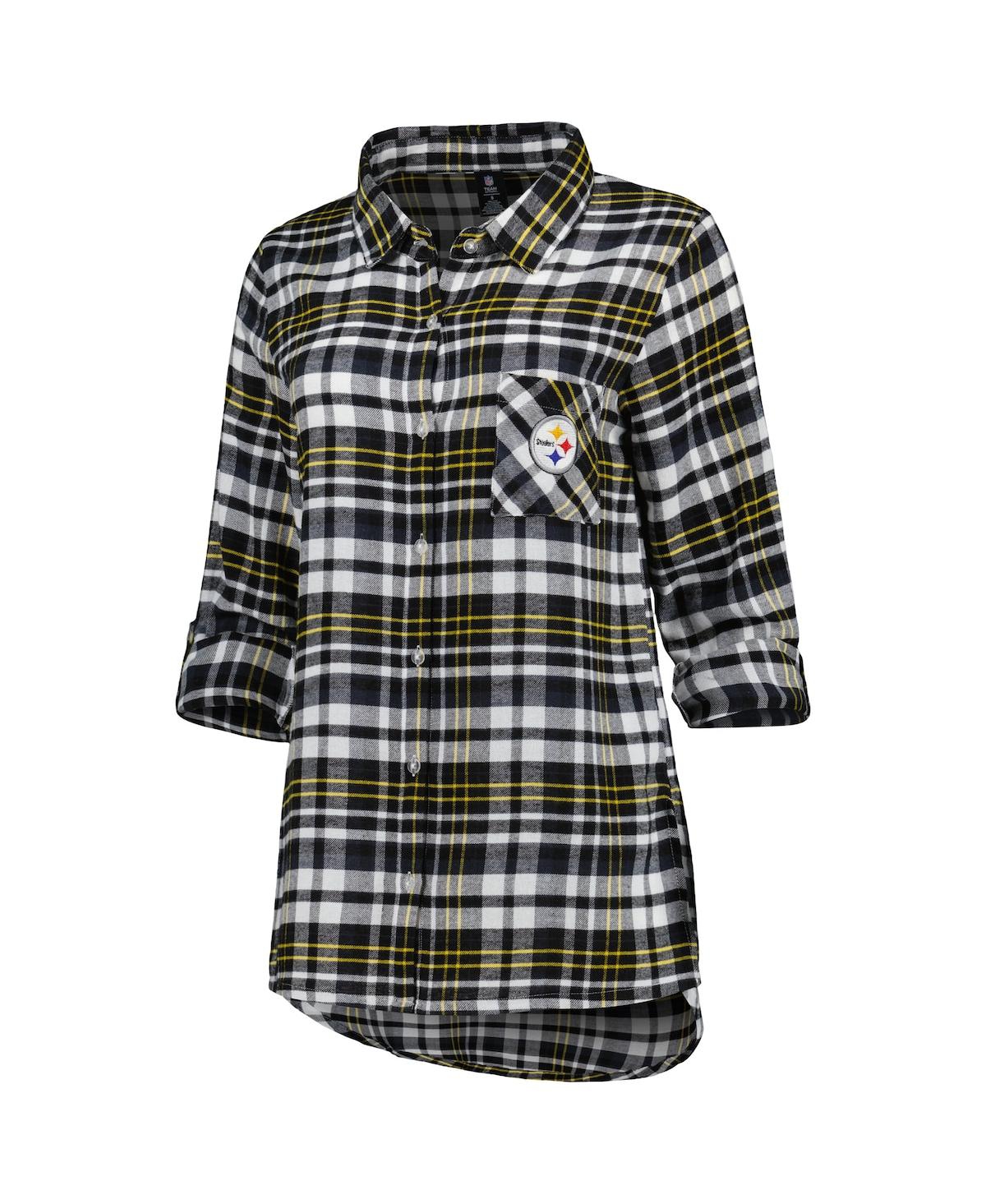 Concepts Sport Black Pittsburgh Steelers Mainstay Plaid Full-button Long Sleeve Nightshirt In Black,gold