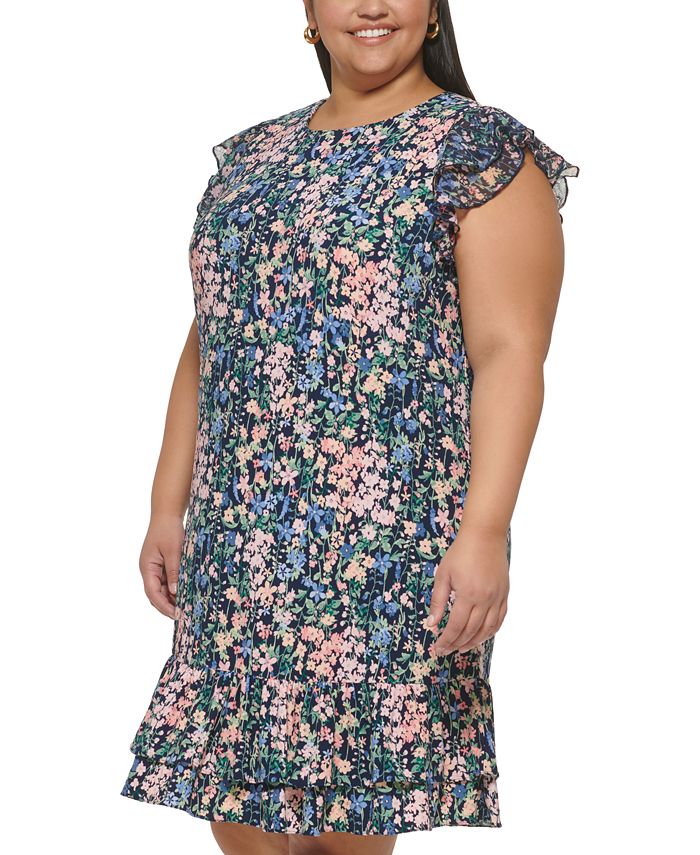 Tommy Hilfiger Plus Size Floral-Print Flutter-Sleeve Dress - Macy's