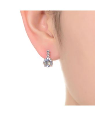 GV Sterling Silver with White Gold Plated Clear Round Cubic Zirconia Linear Drop Earrings