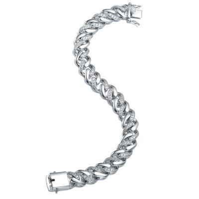 Bold Men's White Gold Plated Curb Chain Bracelet with Iced Out Cubic Zirconia in Sterling Silver