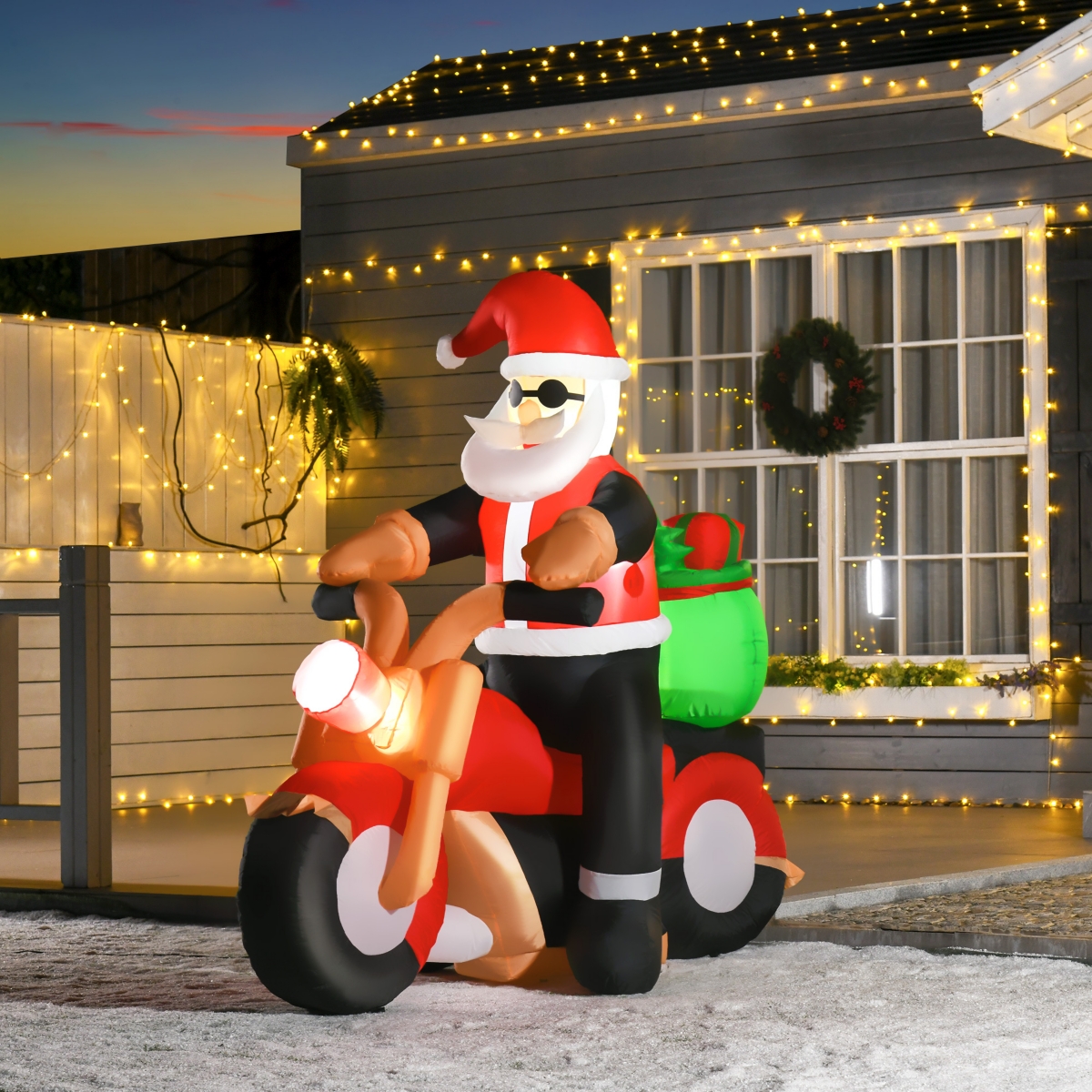 Homcom 6' Long Light Up Motorcycle Santa Claus Inflatable Yard Decor Holiday