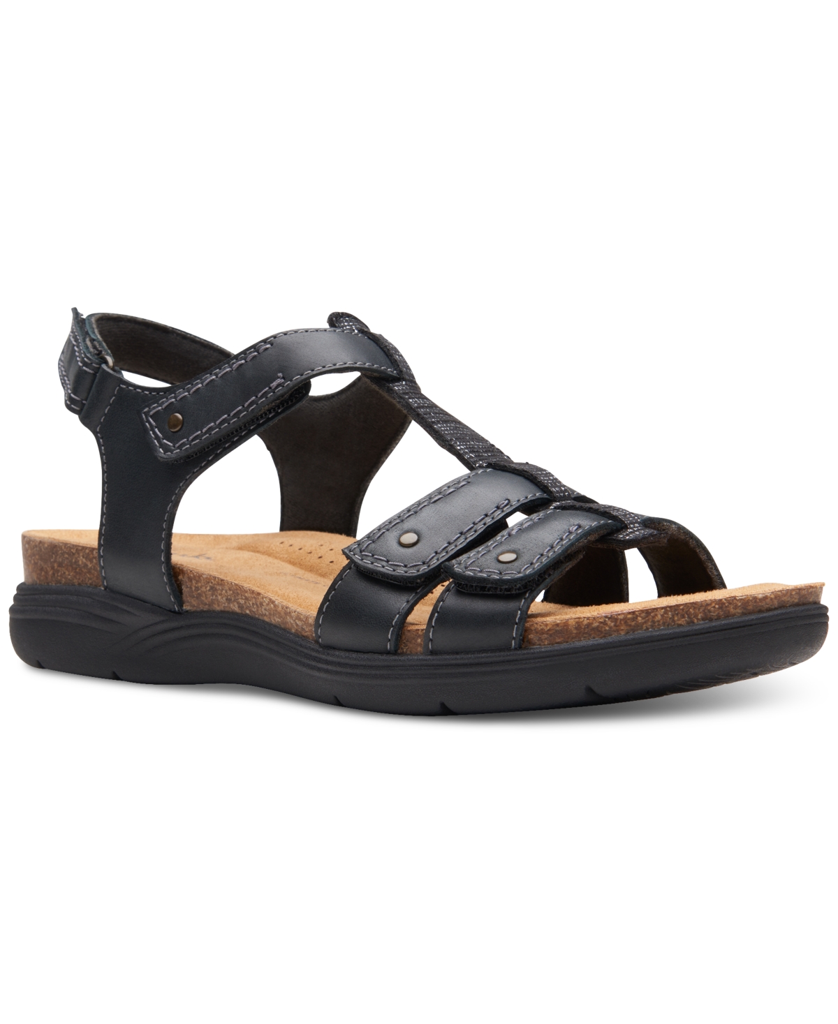 Clarks Women's April Cove Studded Strapped Comfort Sandals In Black Leat