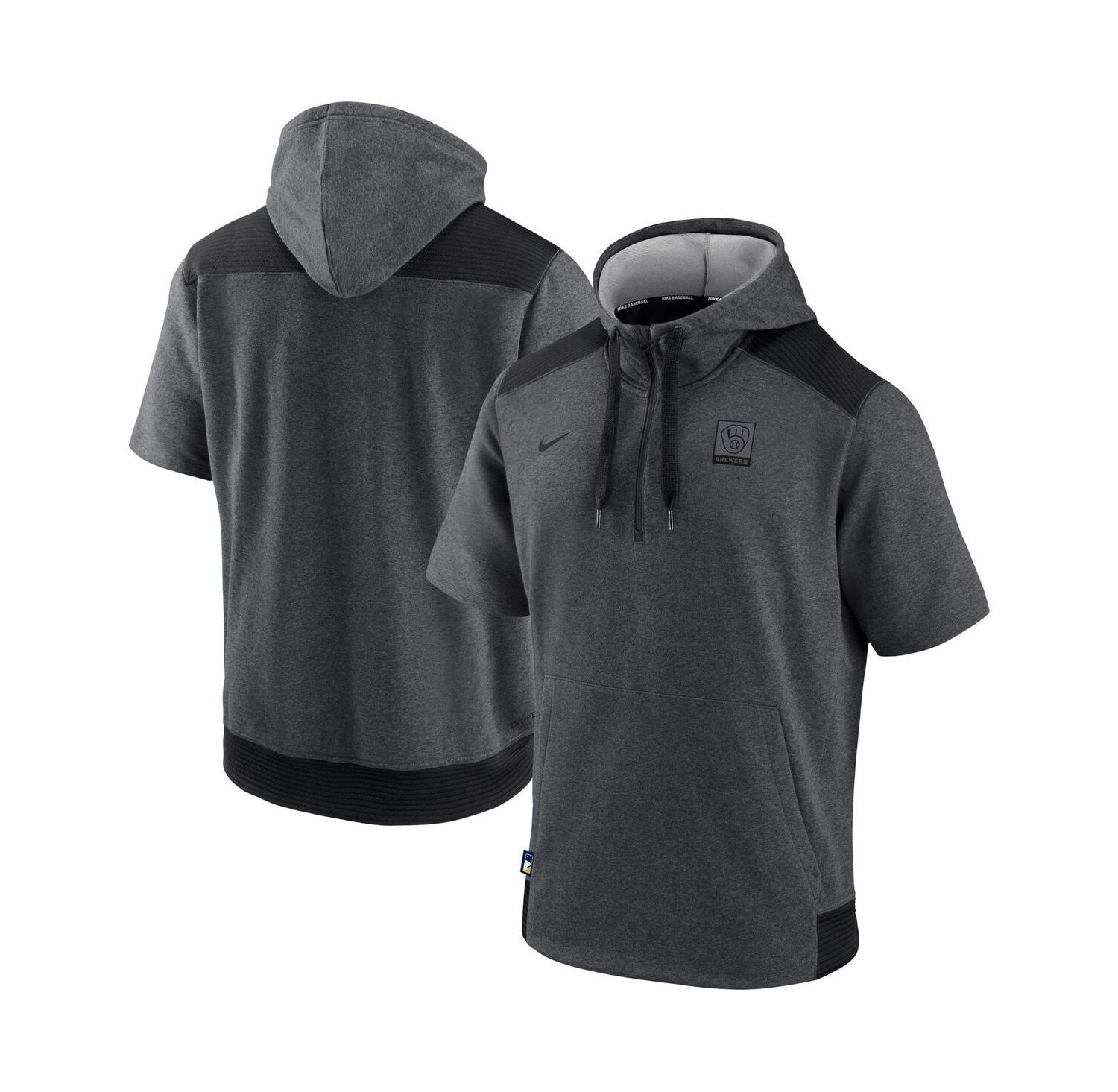 Men's Heathered Charcoal, Black Milwaukee Brewers Authentic Collection Dry Flux Performance Quarter-Zip Short Sleeve Hoodie