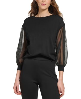 DKNY - Women's Mixed-Media 3/4-Sleeve Crewneck Sweater