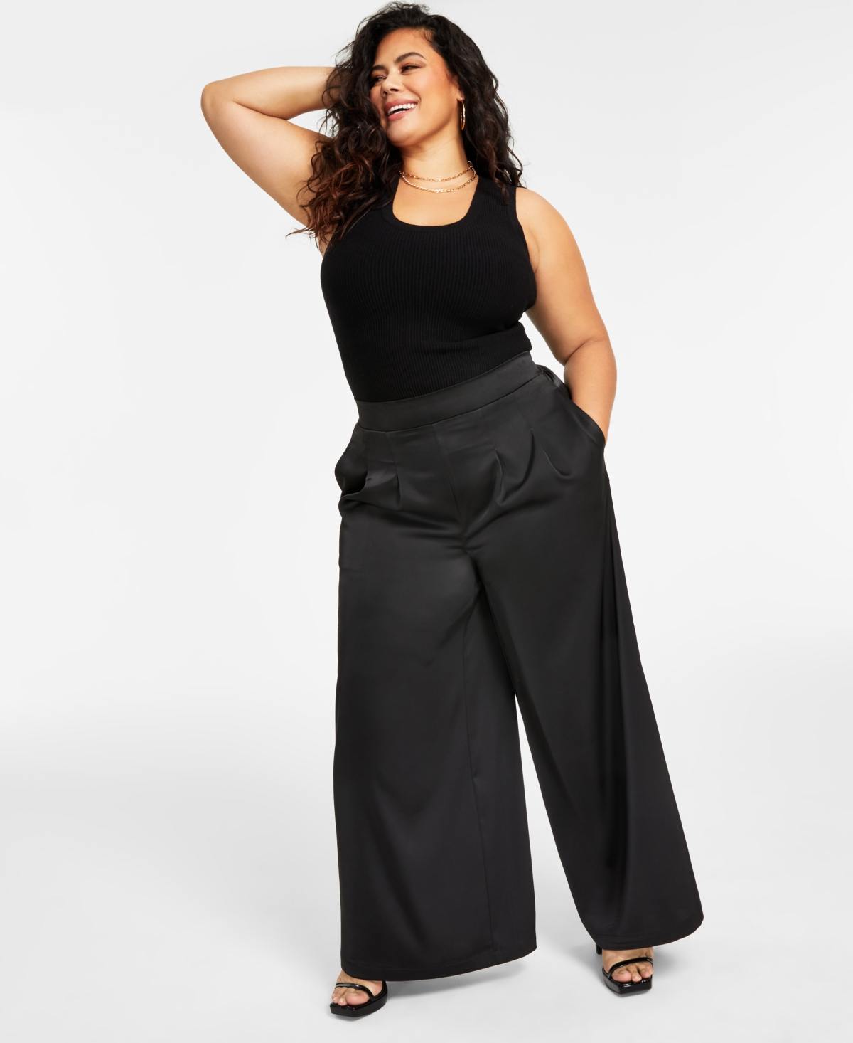 Nina Parker Trendy Plus Size Printed Satin Wide-leg Pants In Black