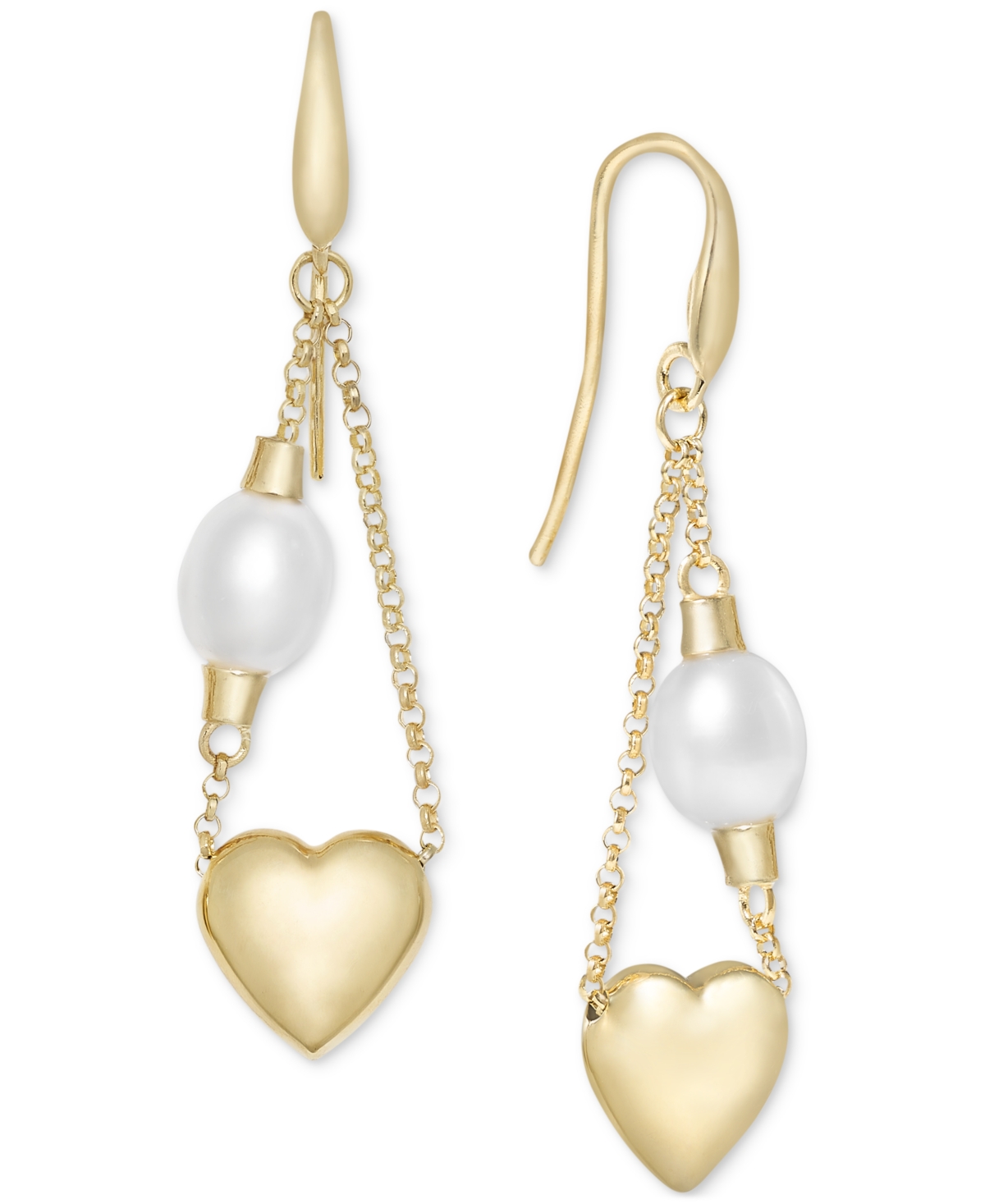 Macy's Cultured Freshwater Pearl (7 1/4 X 8mm) Chain Heart Drop Earrings In 14k Gold-plated Sterling Silver In Gold Over Silver