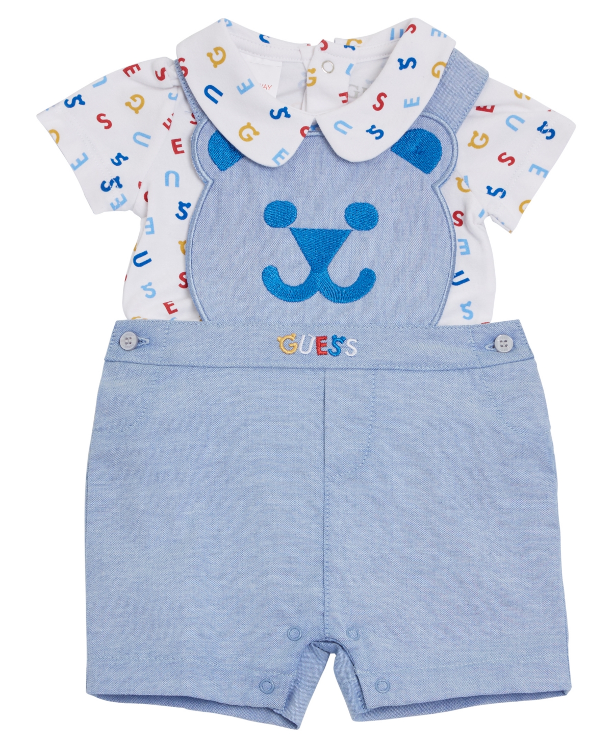 Guess Baby Boys Printed Bodysuit And Bear Oxford Shortall, 2 Piece Set In White Multi