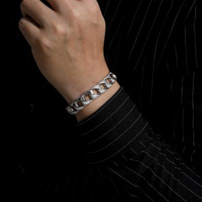 Men's Sterling Silver Iced Out Cubic Zirconia Miami Cuban Chain Bracelet