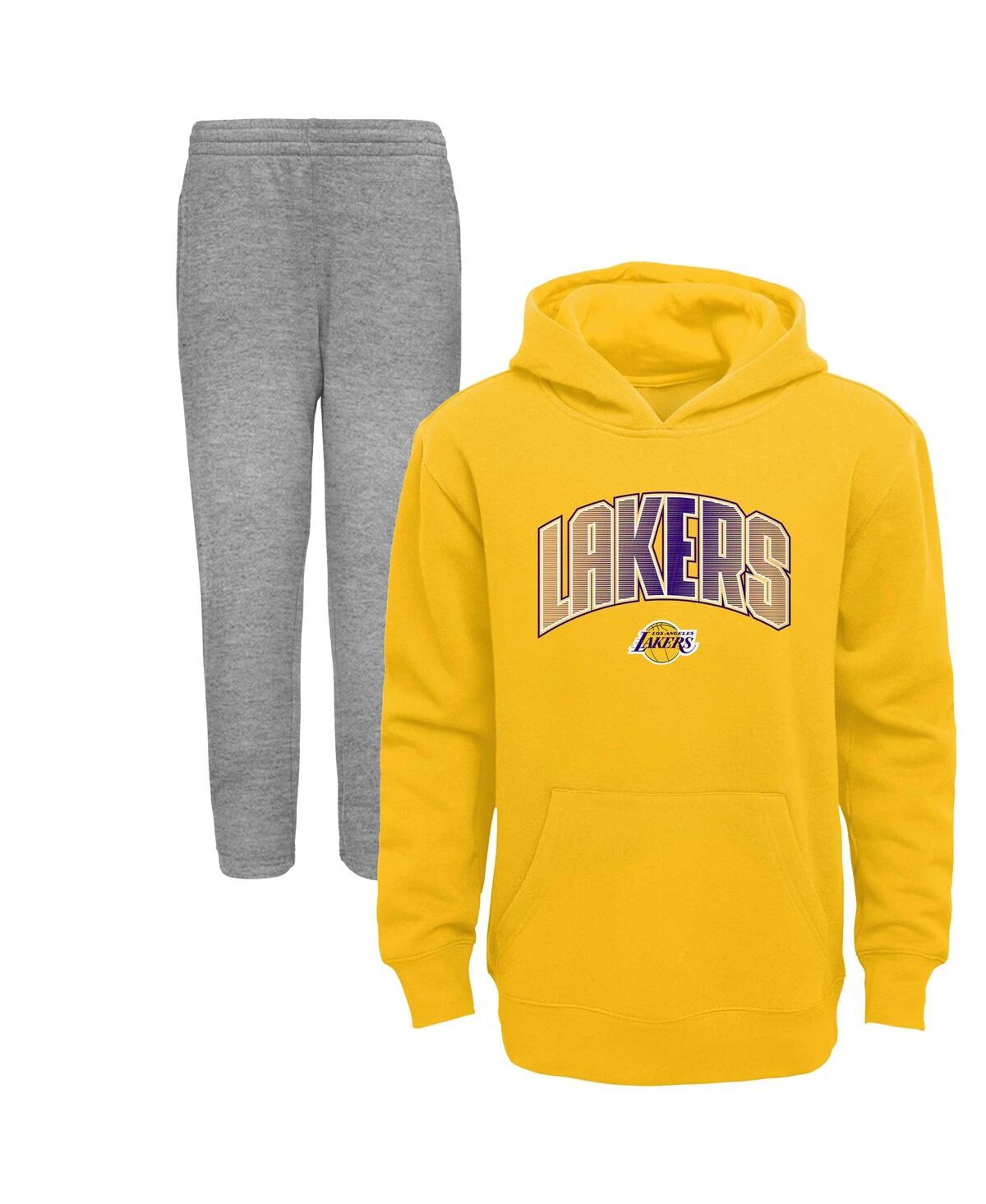 Outerstuff Babies' Little Boys And Girls Gold, Heather Gray Los Angeles Lakers Double Up Pullover Hoodie And Pants Set In Gold,heather Gray
