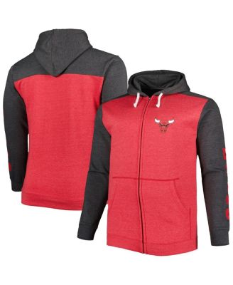 Men's  Heathered Red, Heathered Black Chicago Bulls Big and Tall Down and Distance Full-Zip Hoodie