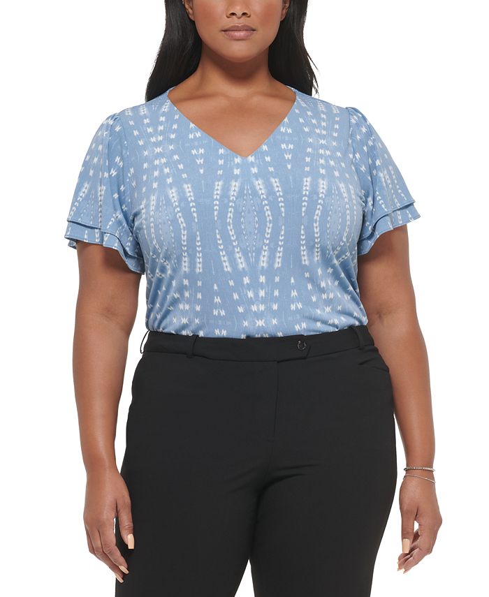 Calvin Klein Plus Size Printed Tiered-Short-Sleeve Top & Reviews - Tops -  Women - Macy's