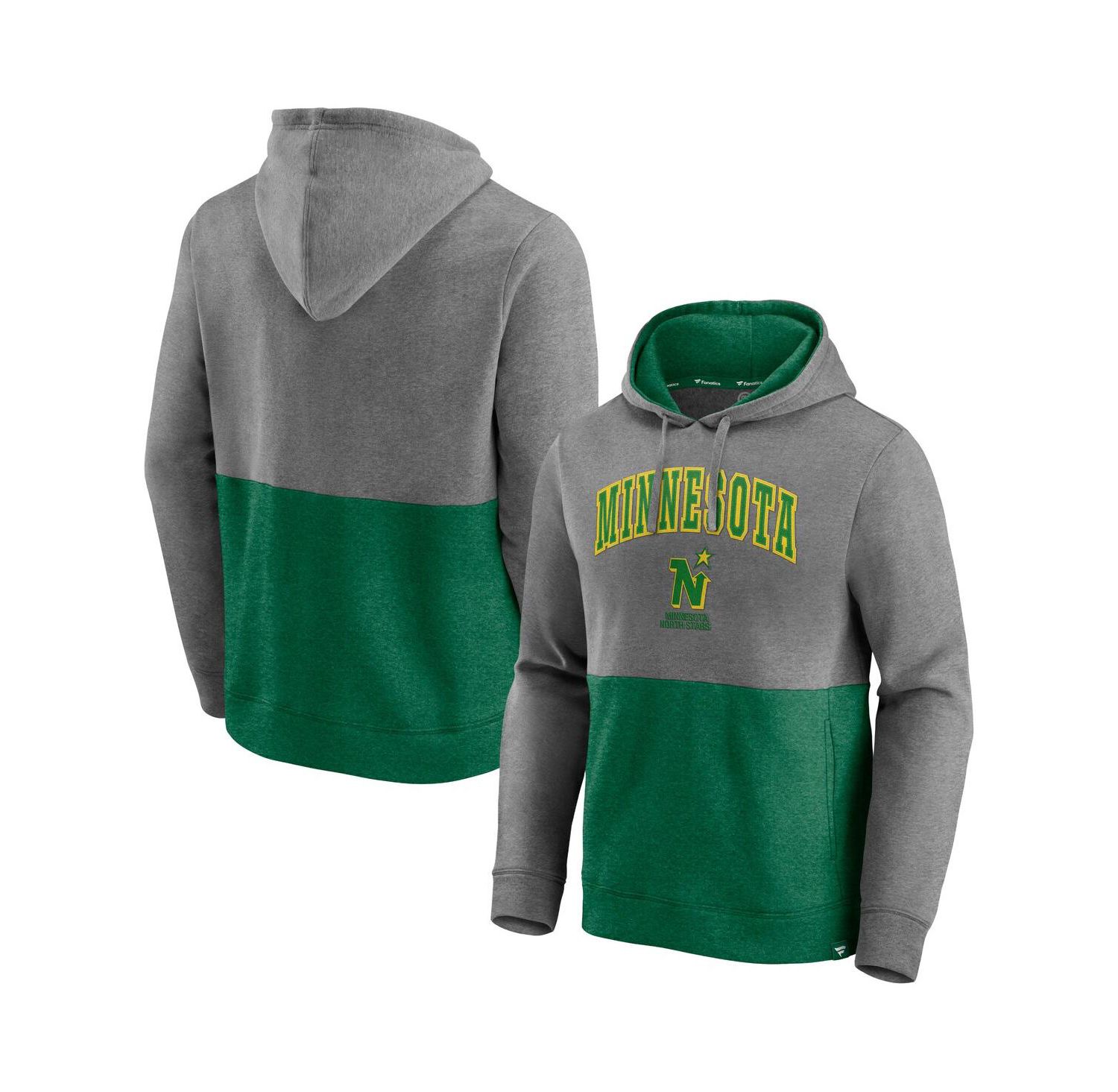 Men's Heathered Gray and Kelly Green Minnesota North Stars Block Party Classic Arch Signature Pullover Hoodie