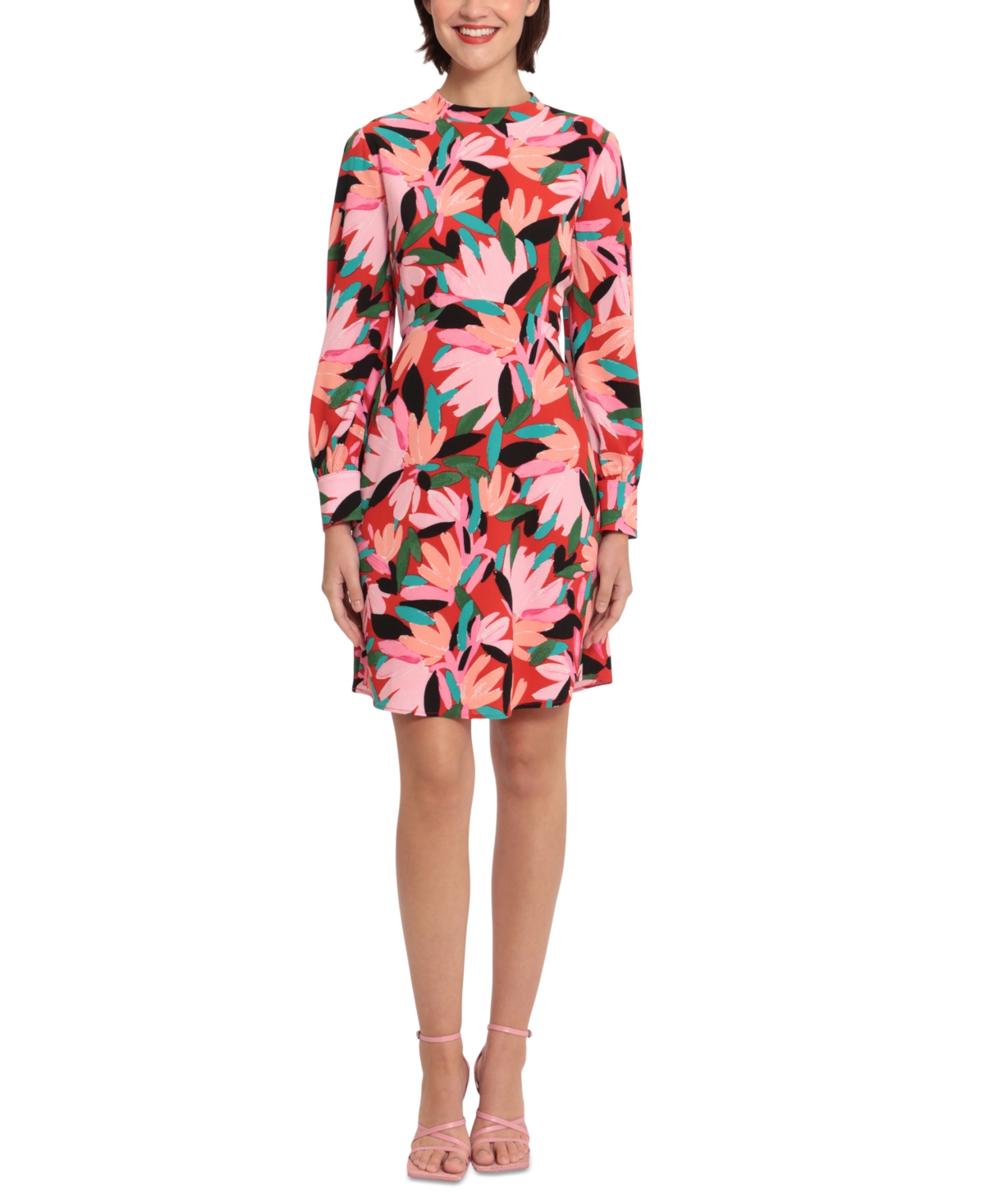 Women's Floral-Print Buttoned-Cuff Long-Sleeve Dress - Poppy/Light Pink