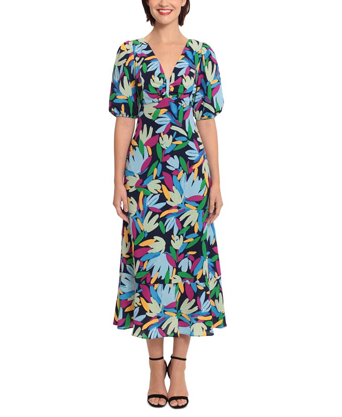 Donna Morgan Women's Floral-Print V-Neck Midi Dress - Macy's
