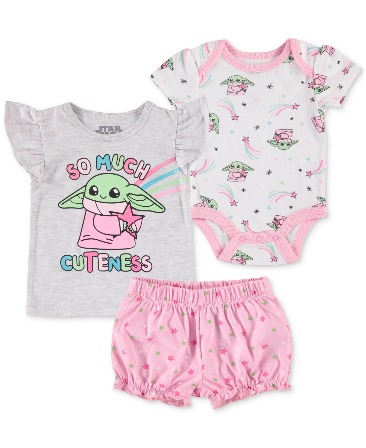 Happy Threads Baby Girls Baby Yoda Bodysuit, T Shirt & Shorts, 3 Piece Set In Pink Multi