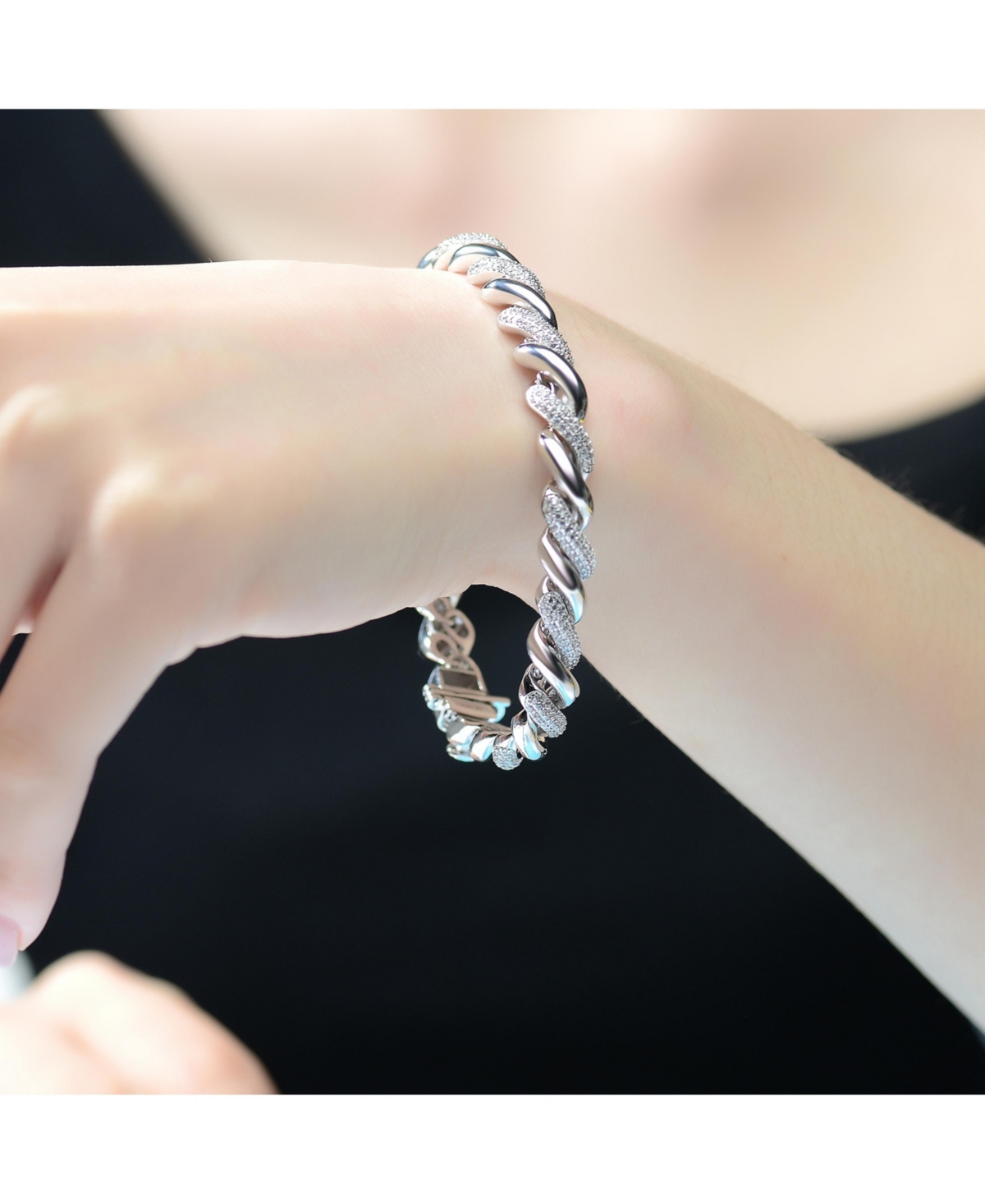 Genevive SterlingWhite Gold Plated Clear Round Cubic Zirconia Wavy Twisted Bracelet - Silver