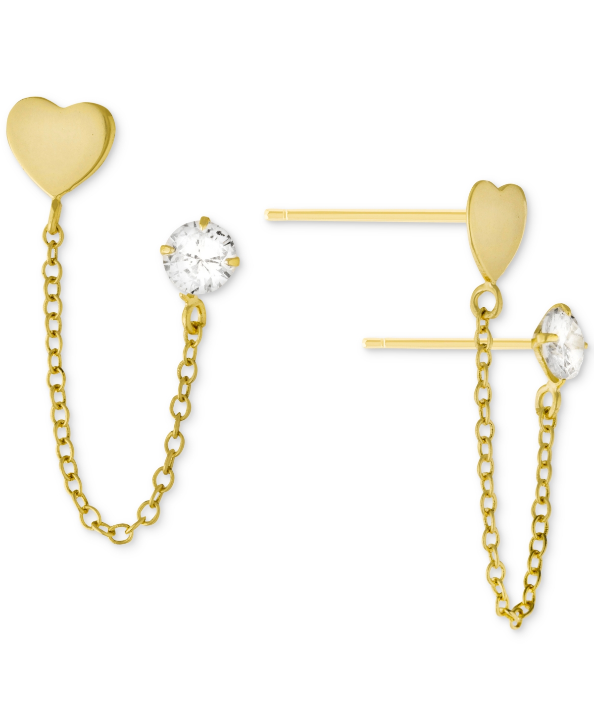 Giani Bernini Cubic Zirconia & Heart Double Piercing Chain Earrings In Gold-plated Sterling Silver, Created For Ma