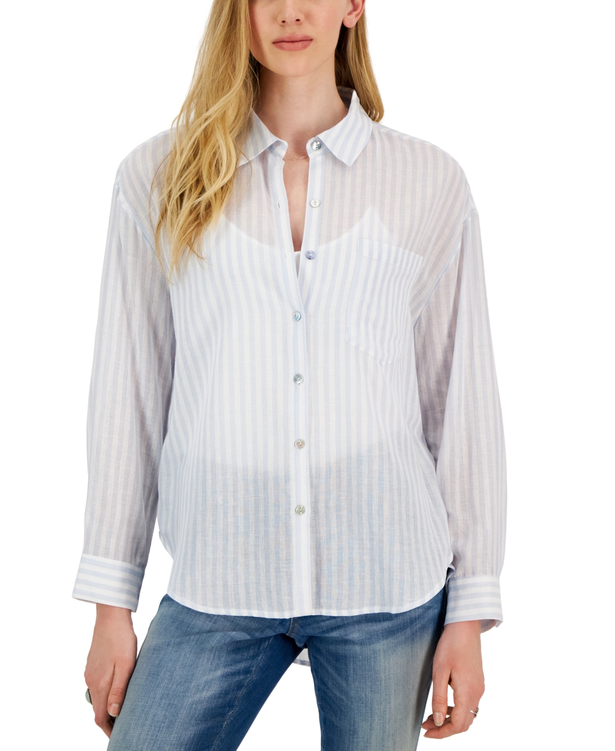 Crave Fame Juniors' Cotton Striped Button-Up Shirt
