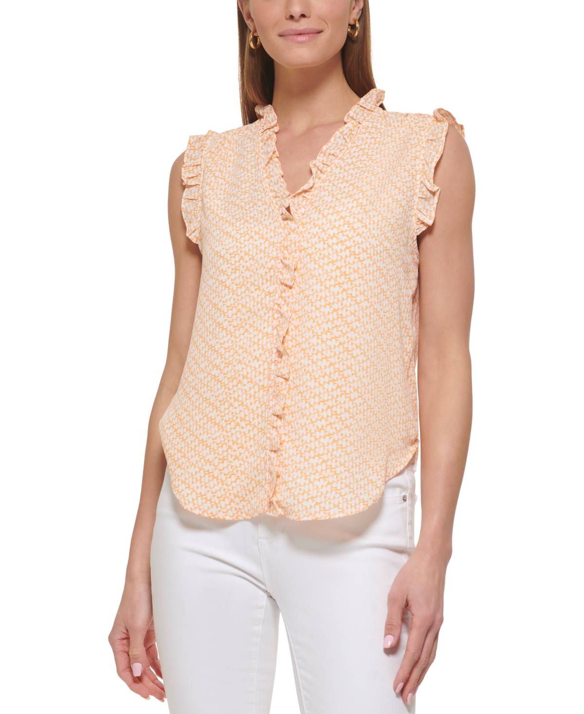Dkny Petite Printed Ruffle-trimmed Sleeveless V-neck Blouse In Melon Multi