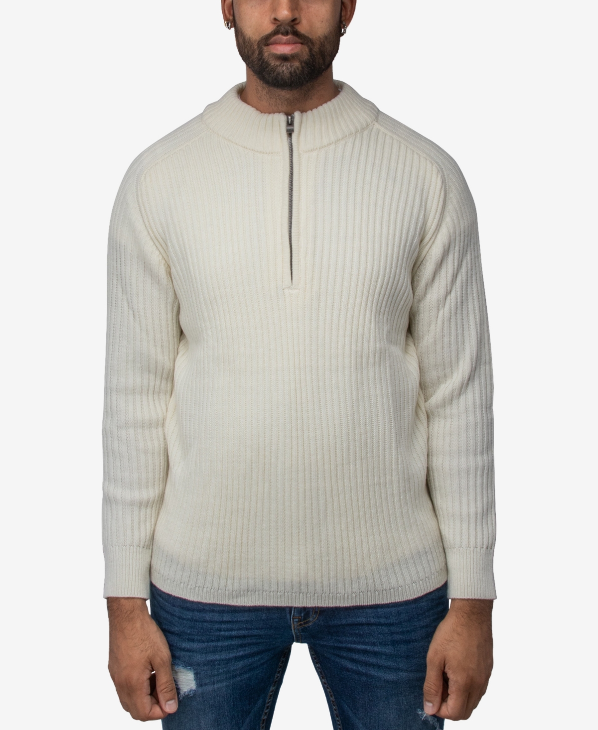 X-ray Men's Ribbed Mock Neck Quarter-zip Sweater In Off White