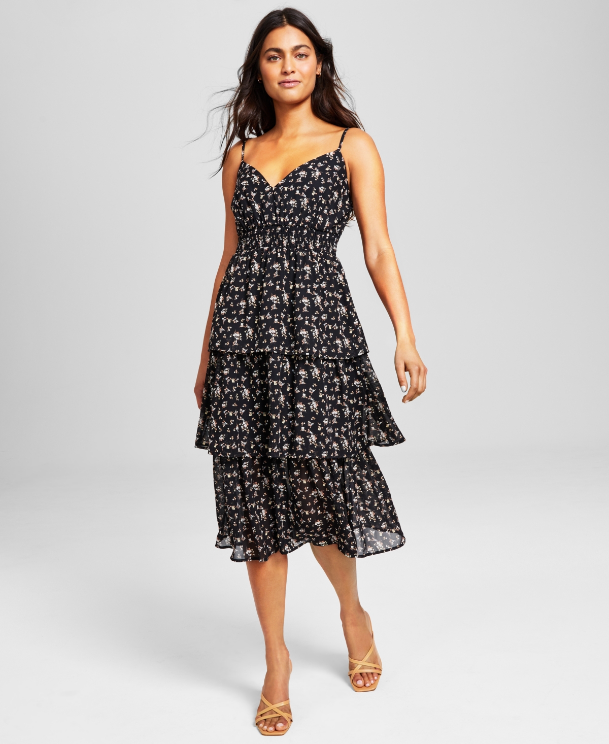 And Now This Women's Smocked Tiered Midi Dress In Black Floral