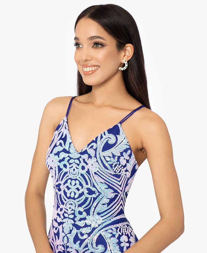 Blondie Nites Juniors' Sequined Front-Slit Lace-Up Gown - Macy's