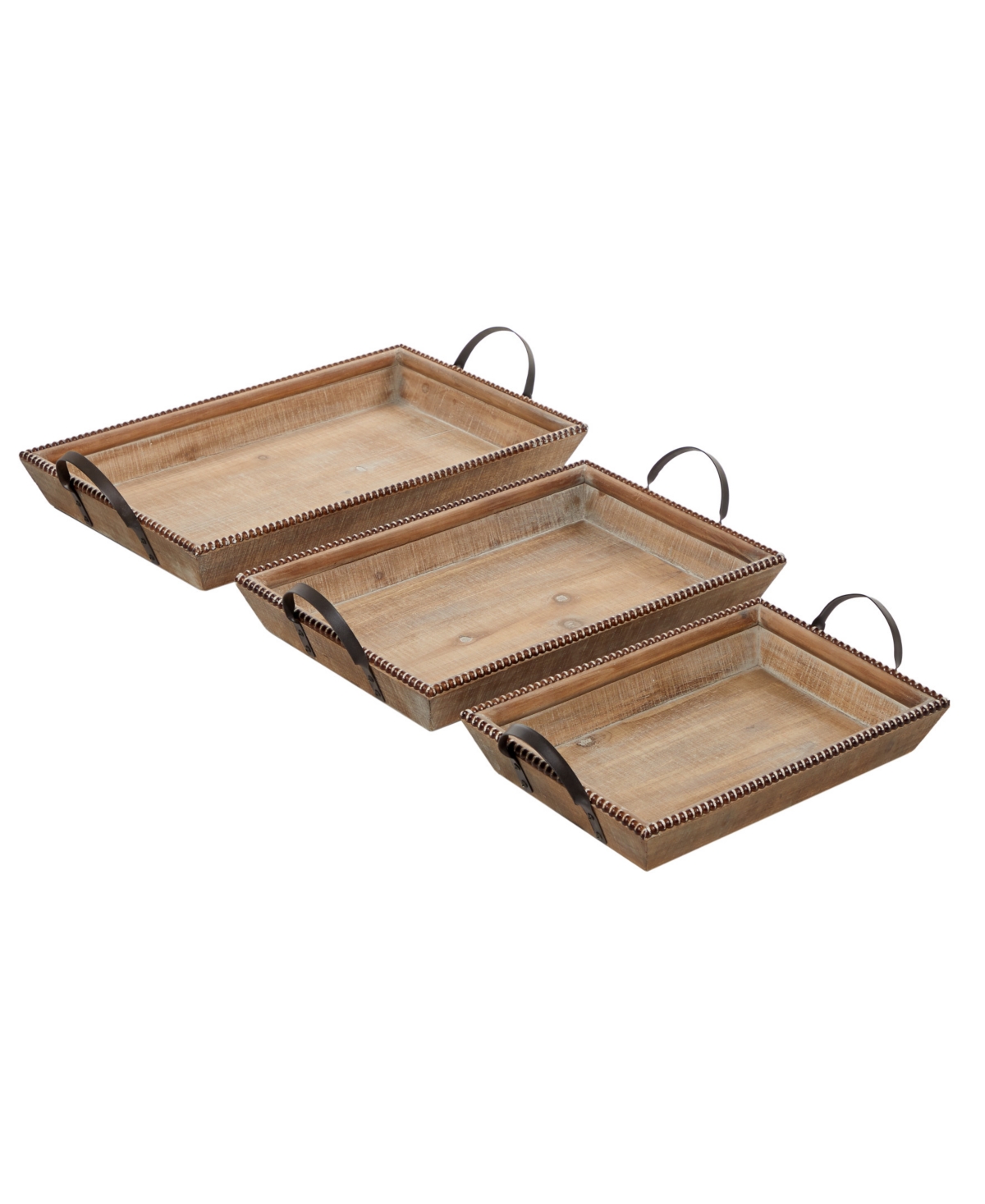Rosemary Lane Wood Tray With Metal Handles, Set Of 3, 20", 24", 27" W In Brown