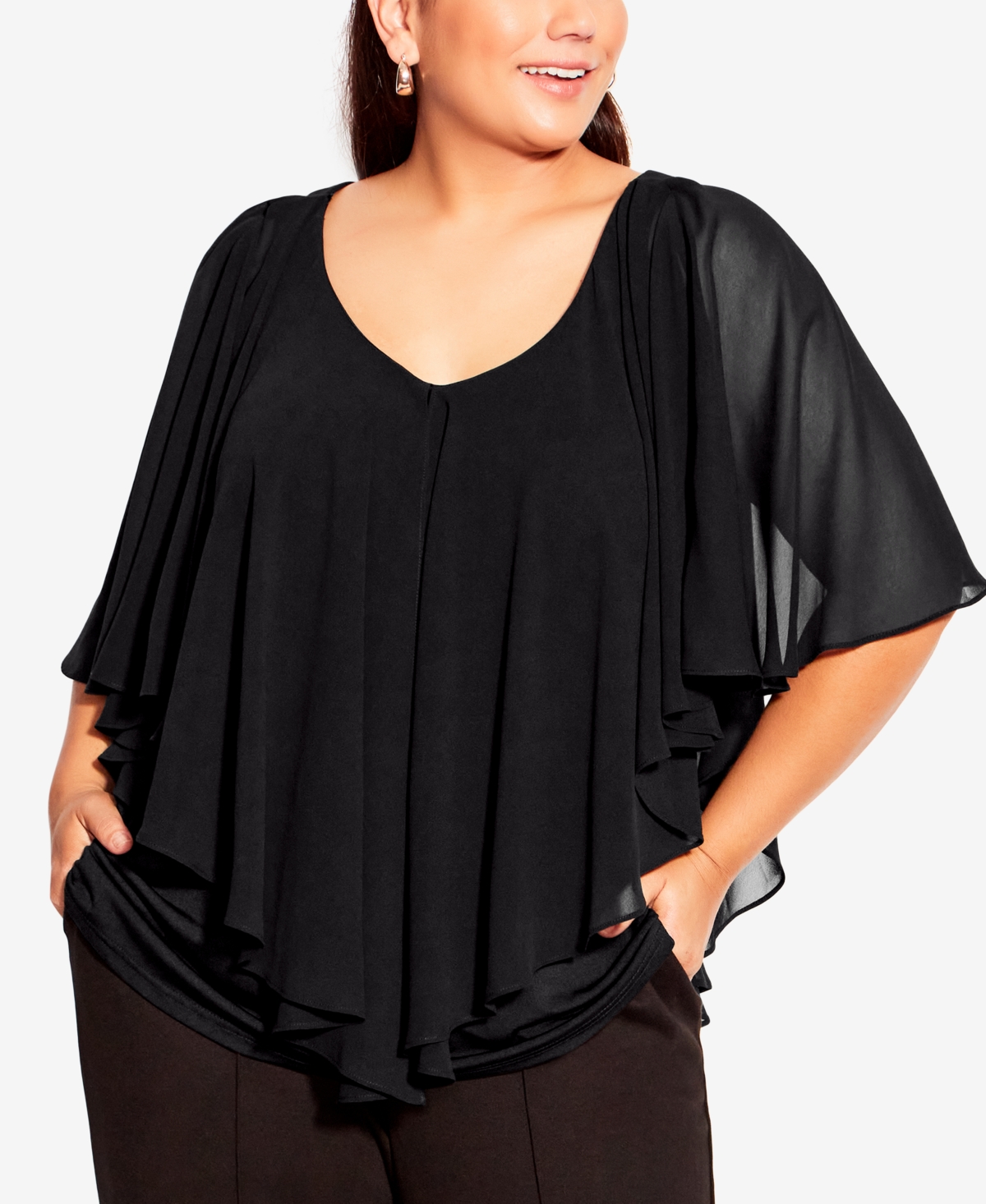 Avenue Plus Size Mira Overlay Necklace Short Ruffled Sleeve Top In Black