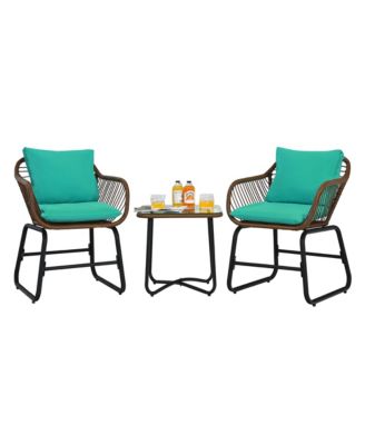 3PCS Patio Rattan Bistro Set Cushioned Chair Glass Table Deck