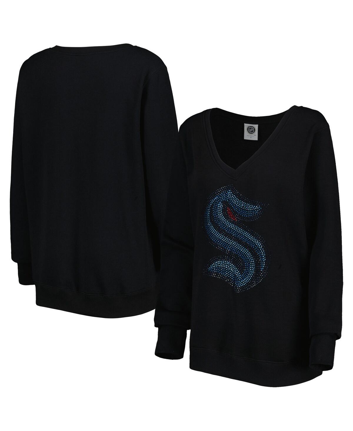 Women's Cuce Black Seattle Kraken Rhinestone V-Neck Pullover Sweatshirt - Black