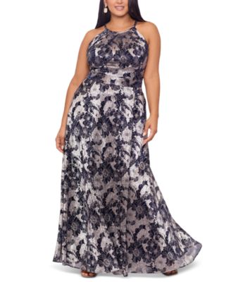 Betsy & Adam Plus Size Floral Foil Print Halter-Neck Gown - Macy's