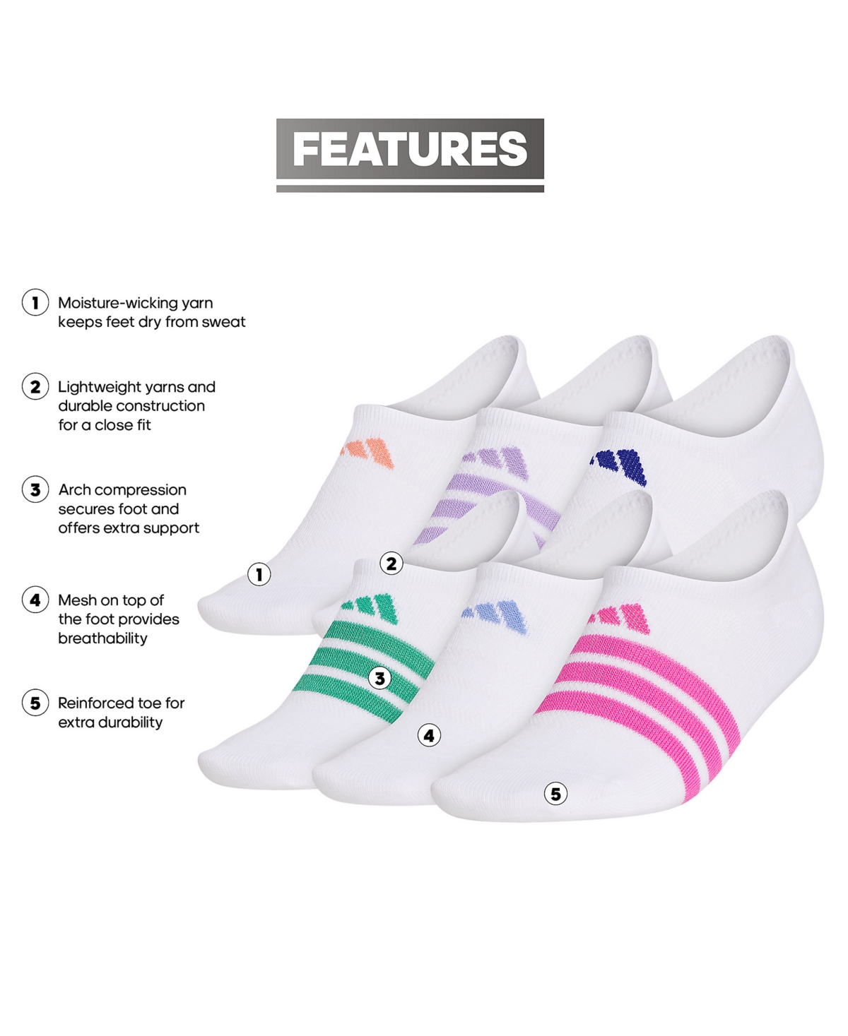 adidas Women's 6-Pk. Superlite Ii Super No Show Socks -lucid Fuchsia Pink/blue Fusion