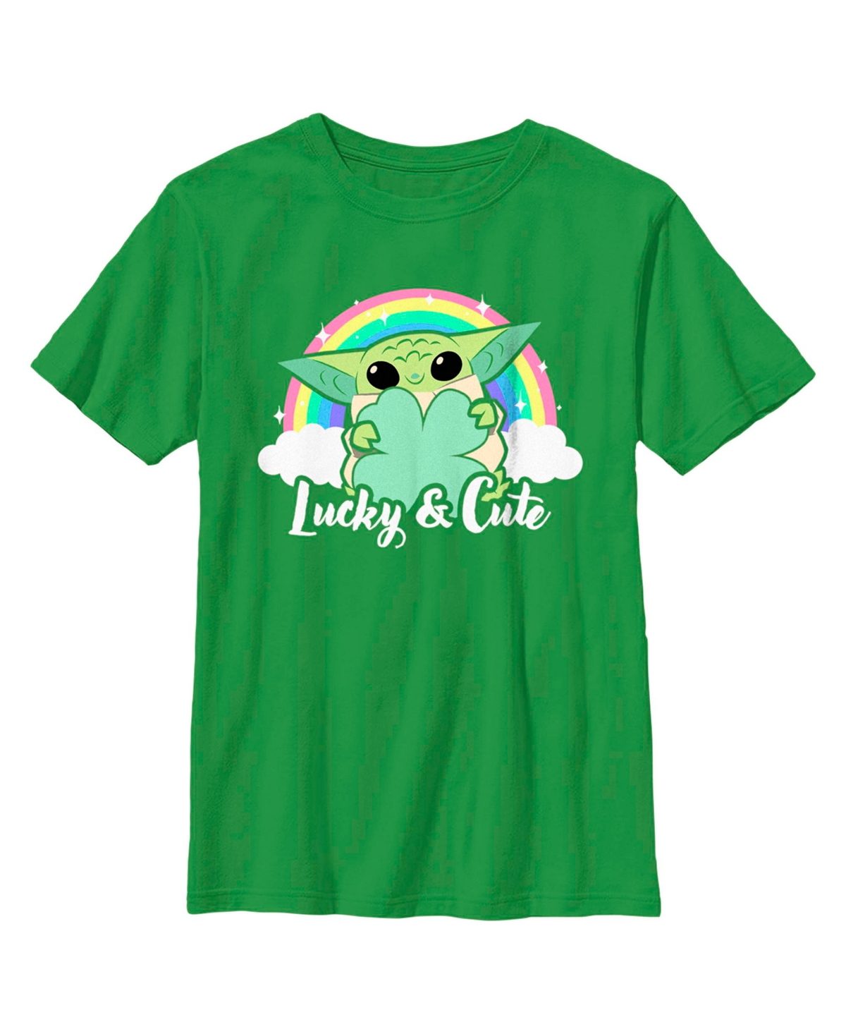 Disney Lucasfilm Kids' Boy's Star Wars: The Mandalorian Grogu St. Patrick's Day Rainbow Lucky And Cute Child T-shirt In Kelly Green