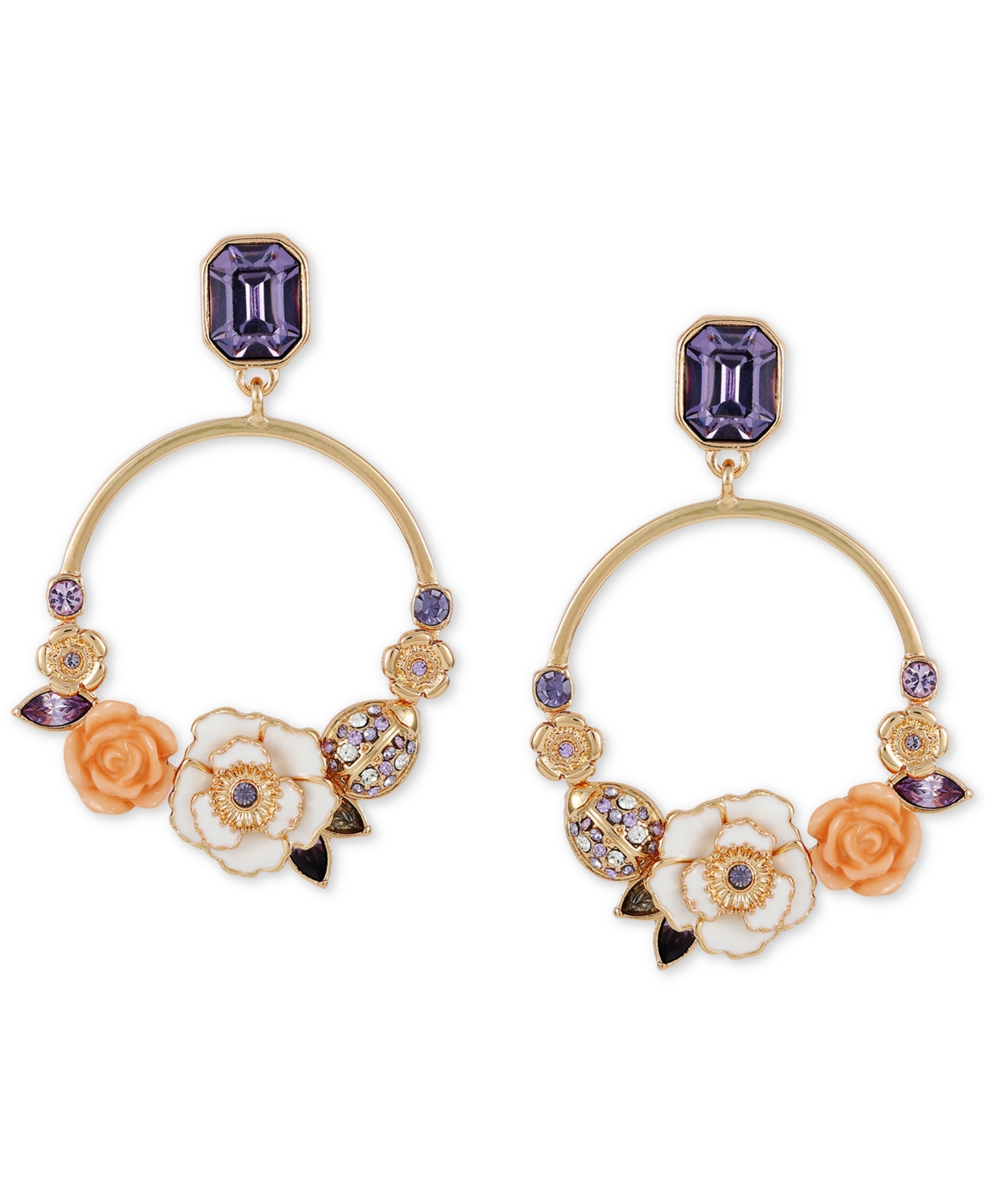 Guess Gold-tone Mixed Color Stone Flower Front-facing Drop Hoop Earrings