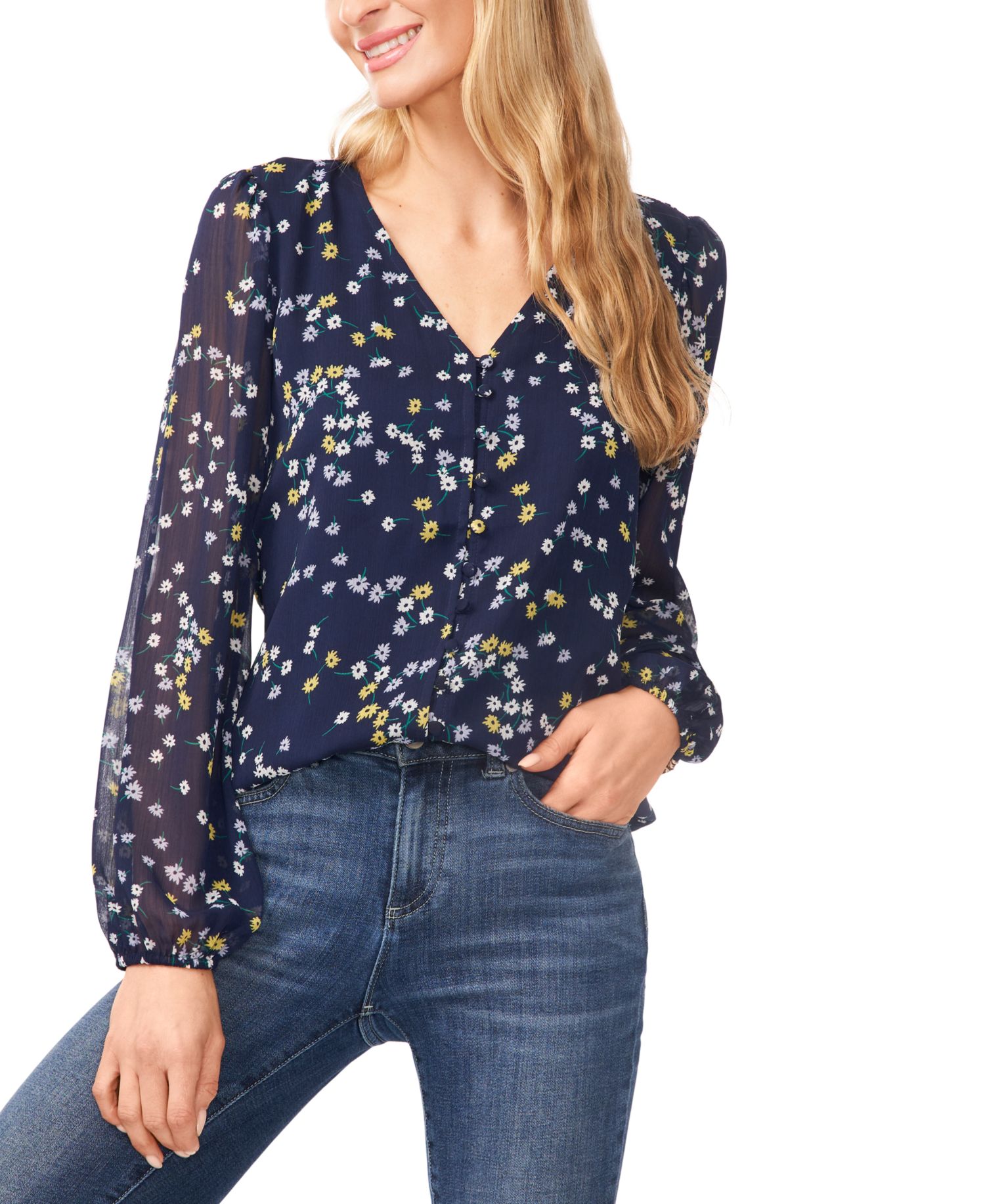 Women's Elastic Cuff V-Neck Button Up Top