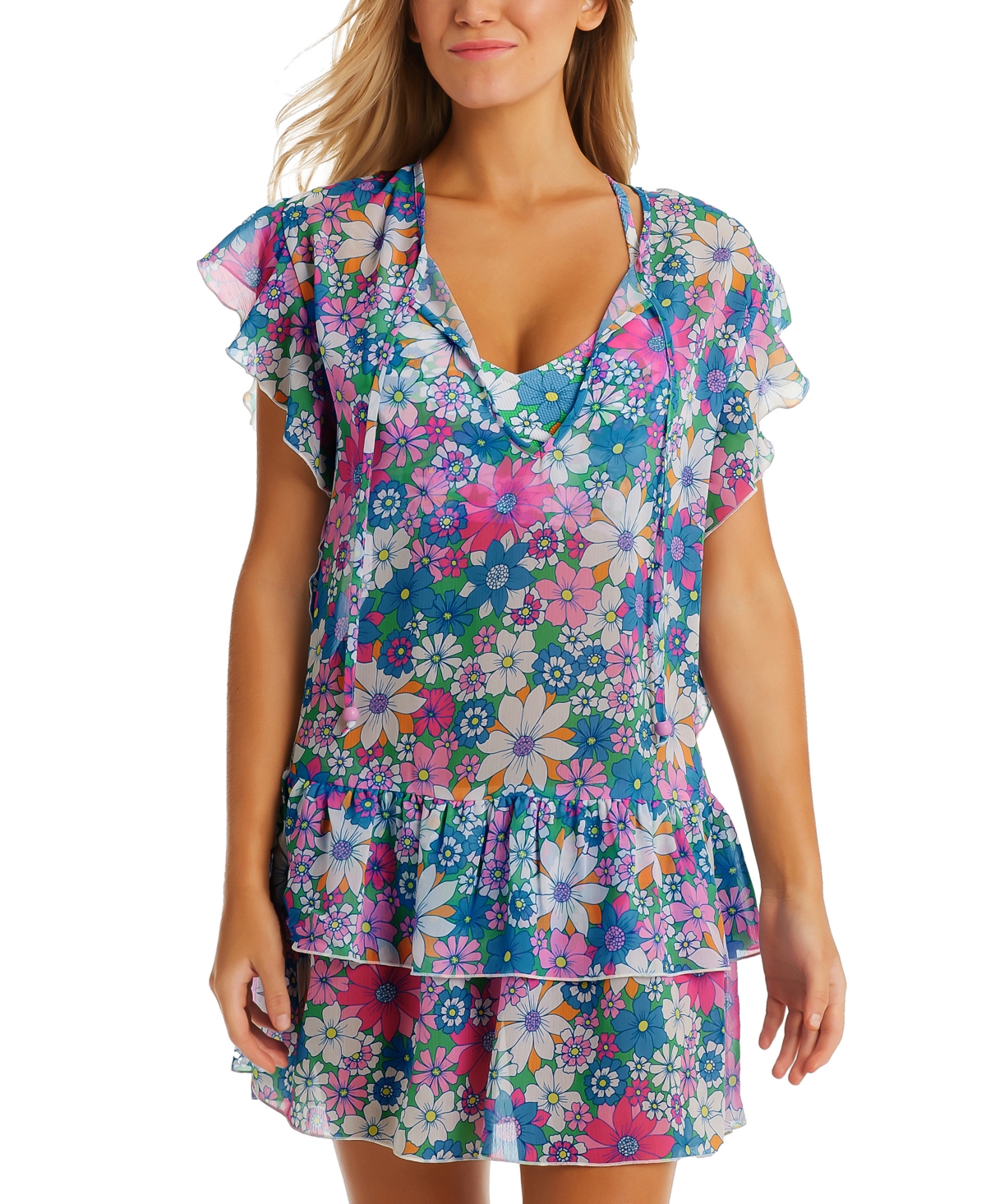 Women's Printed Crazy Daisy Tiered Flutter-Sleeve Tie-Neck Swim Cover-Up - Multi
