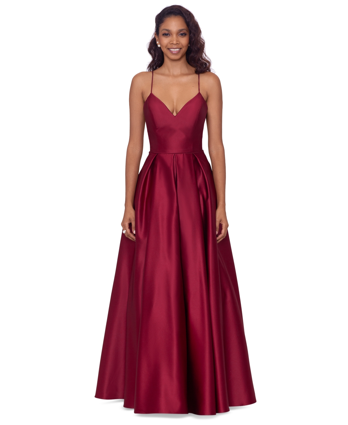Blondie Nites Juniors' Lamour V-Neck Lace-Up Ball Gown, Created for Macy's