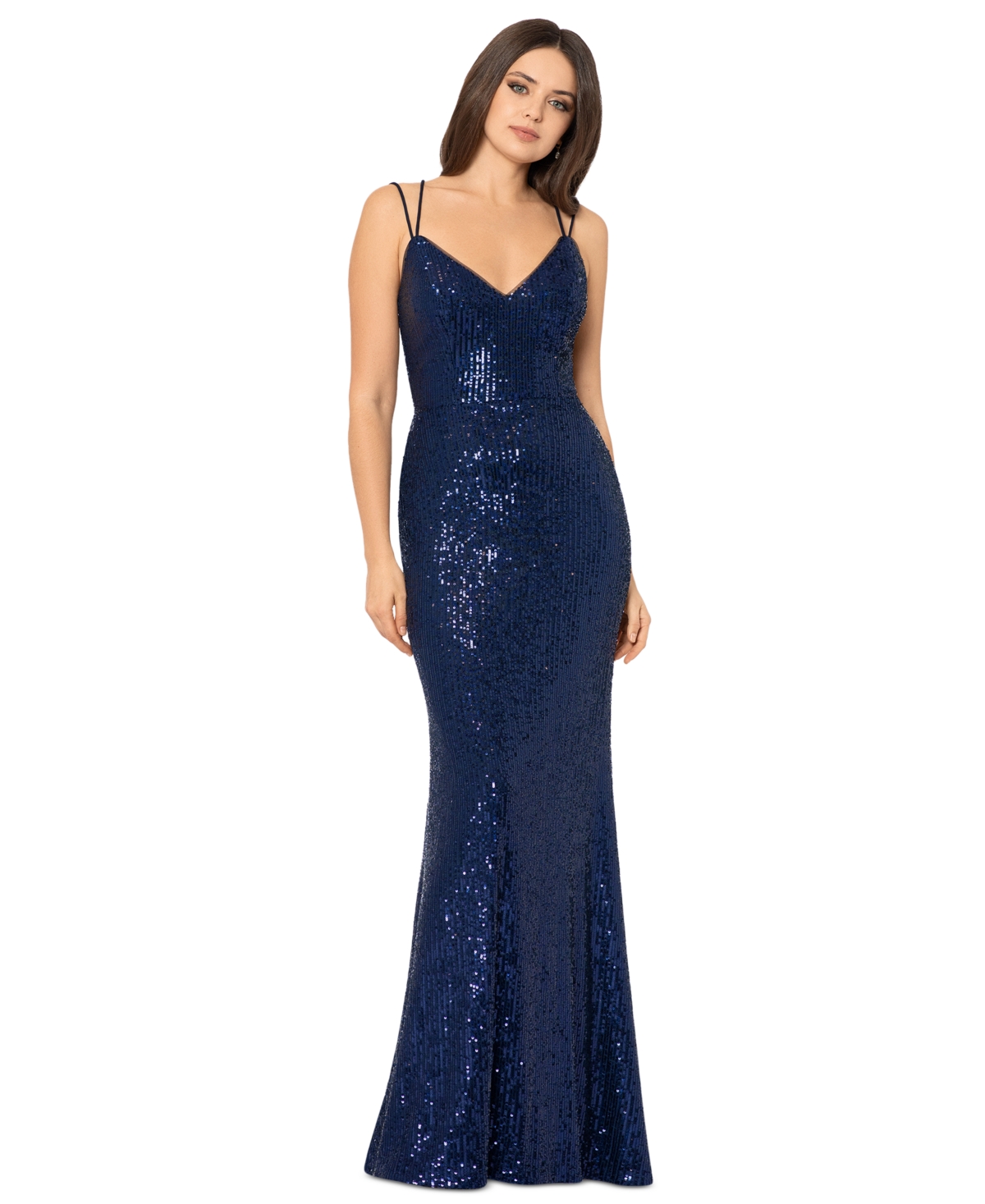 Blondie Nites Juniors' Sequined Lace-Up-Back Gown